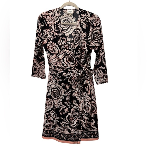 BEIGE by ECI  Black and Pink Size 6 3/4 Sleeve Dress Paisley, Tie at Waist, Cute - Picture 1 of 13